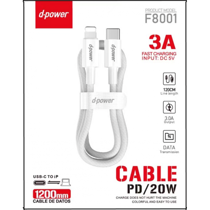 D-Power Câble Type C vers lightning 3A 1.2m Nylon Tressé- Blanc F8001
