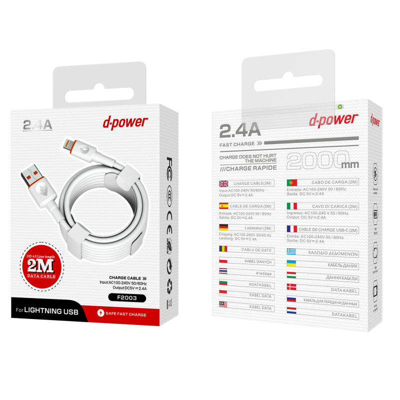 D-Power D-POWER - Câble Lightning iphone USB 2m F2003 - Blanc
