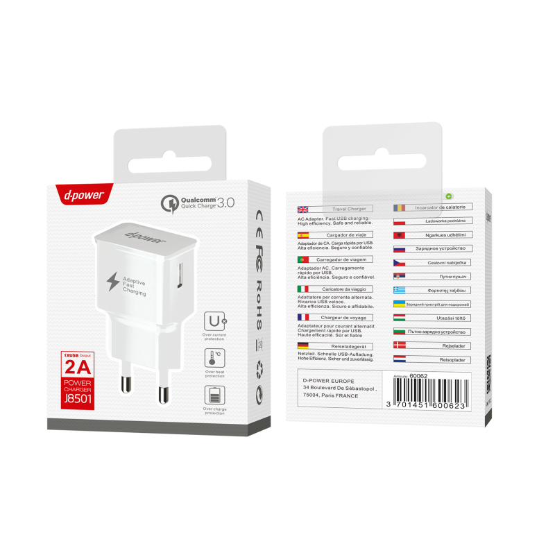 D-Power D-Power - CHARGEUR SECTEUR USB 3A J8501 Blanc