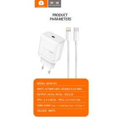 Wuw CHARGEUR USB-C AVEC CABLE USB-C LIGHTNING Gan 30W BLANC (T63)