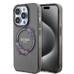 Apple iPhone 15 Pro Max - Coque Guess PC/TPU Flowers Ring Glossy Logo MagSafe Noir