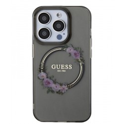 Apple iPhone 15 Pro Max - Coque Guess PC/TPU Flowers Ring Glossy Logo MagSafe Noir