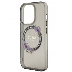 Apple iPhone 15 Pro Max - Coque Guess PC/TPU Flowers Ring Glossy Logo MagSafe Noir