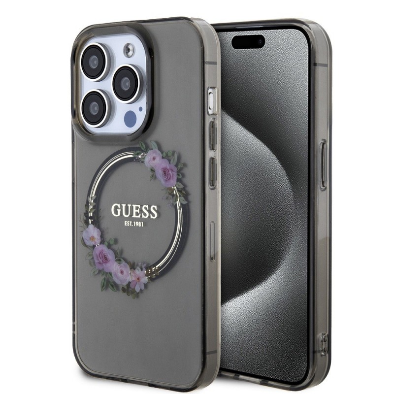 Apple iPhone 15 Pro - Coque Guess PC/TPU Flowers Ring Glossy Logo MagSafe Noir