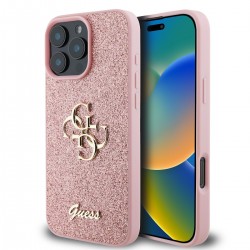 Guess GUESS IPhone 16 Pro Max - Coque en PU avec Logo en Métal et Paillettes Fixes 4G - Rose