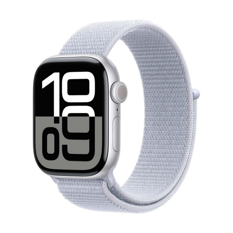 Apple Montre Connectée Apple Watch S10 GPS aluminium argent 46 mm, Boucle Sport nuée bleue MWWN3 - Neuf