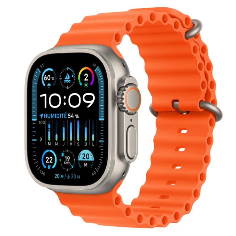 Apple Montre Connectée Apple Watch Ultra 2 Cellular Titane Naturel Bracelet Océan Orange 49 mm MREH3NF/A - Neuf