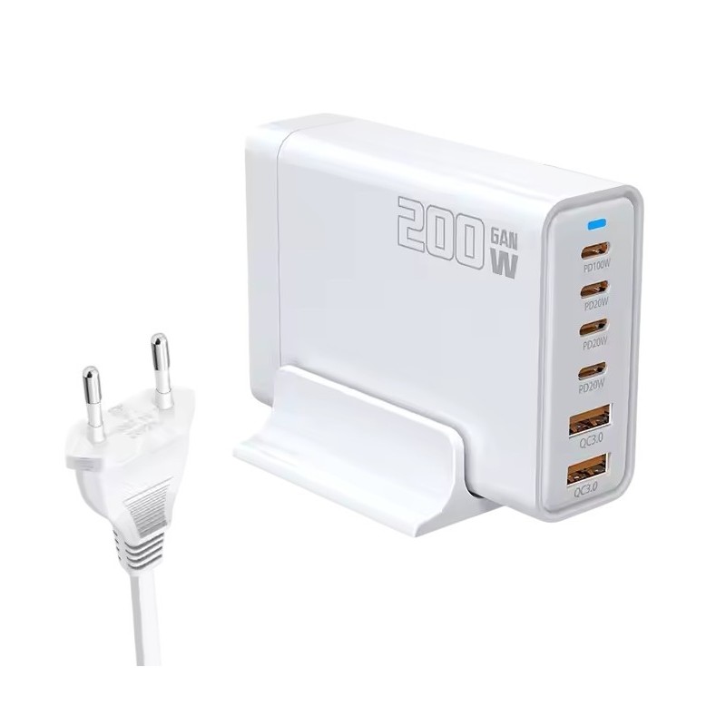 Wuw CHARGEUR RAPIDE GaN 200W 6 PORTS (4 USB-C / 2 USB-A) BLANC C214