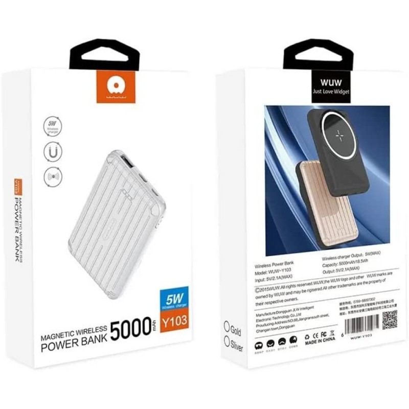 Wuw PowerBank Magnetic 5000mAh 5W Digital - Sans-Fil - Silver Y103