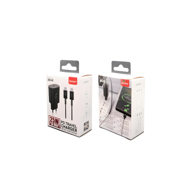 D-Power D-POWER J8548 / SA2000 Prise PD 25W + Cable Type-C vers Type-C NOIR Chargeur Complet