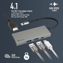 NGS NGS - WONDER DOCK 4 PRO - HUB (en Aluminium) USB-C- 2x USB 3.0 / 1x USB-C avec chargement PD, HDMI