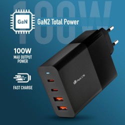 NGS NGS BUD 100W - Chargeur Mural GaN ultra-rapide 100 W - 4 ports : 2 USB-C et 2 USB-A - Noir