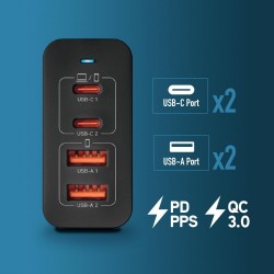 NGS NGS BUD 100W - Chargeur Mural GaN ultra-rapide 100 W - 4 ports : 2 USB-C et 2 USB-A - Noir