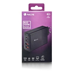 NGS NGS BUD 100W - Chargeur Mural GaN ultra-rapide 100 W - 4 ports : 2 USB-C et 2 USB-A - Noir