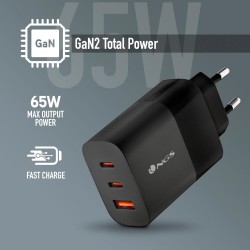 NGS NGS BUD 65W - Chargeur Mural GaN ultra-rapide 65 W - 3 ports : 2 USB-C et 1 USB-A - Noir