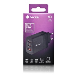 NGS NGS BUD 65W - Chargeur Mural GaN ultra-rapide 65 W - 3 ports : 2 USB-C et 1 USB-A - Noir