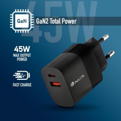 NGS NGS BUD 45W - Chargeur Mural GaN ultra-rapide 45 W - 2 ports : USB-C et USB-A - Noir