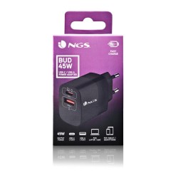 NGS NGS BUD 45W - Chargeur Mural GaN ultra-rapide 45 W - 2 ports : USB-C et USB-A - Noir