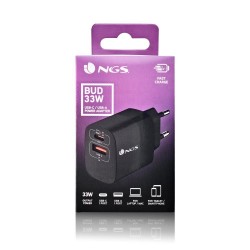 NGS NGS BUD 33W - Chargeur Mural GaN ultra-rapide 33 W - 2 ports : USB-C et USB-A - Noir