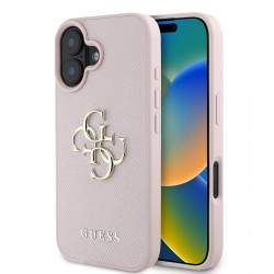 Apple Guess IPHONE 16 - Coque arrière Guess en PU grainé 4G avec logo en métal - Rose