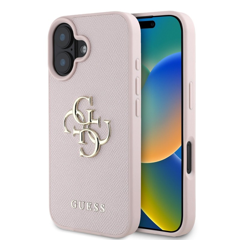 Apple Guess IPHONE 16 - Coque arrière Guess en PU grainé 4G avec logo en métal - Rose