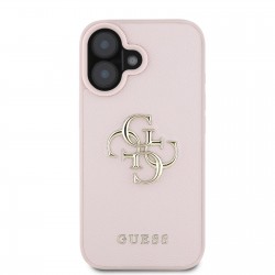 Apple Guess IPHONE 16 - Coque arrière Guess en PU grainé 4G avec logo en métal - Rose