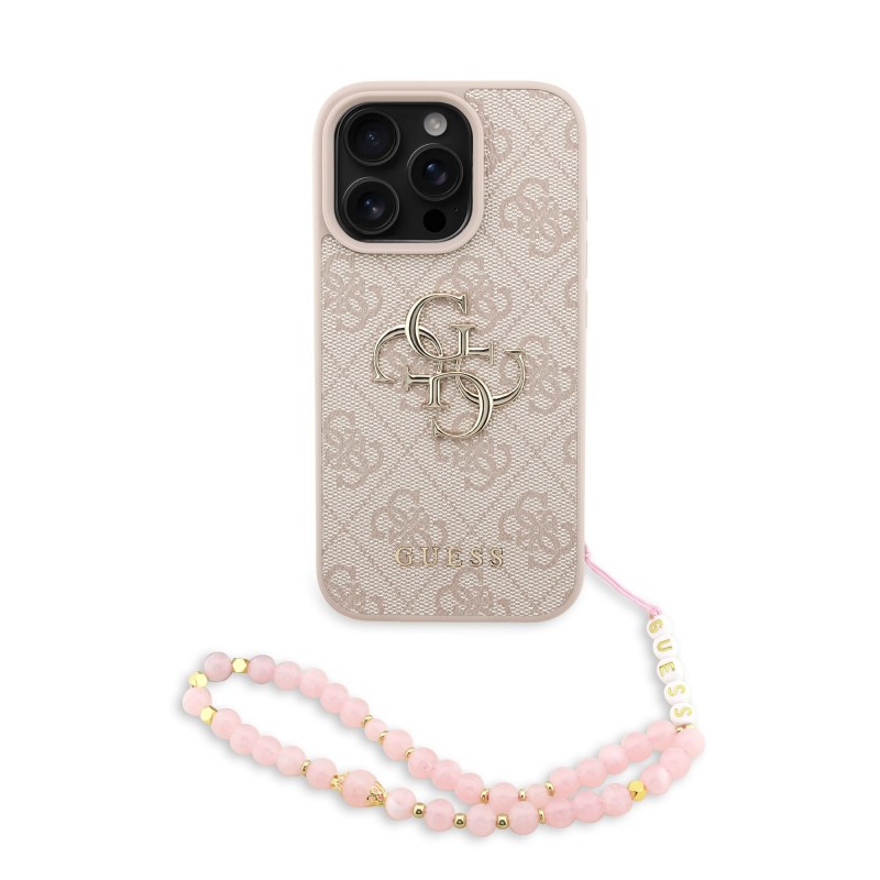 Guess Guess IPhone 16 Pro Max - Coque Guess Avec Logo En Métal Avec Strap Perlé Amovible - Rose