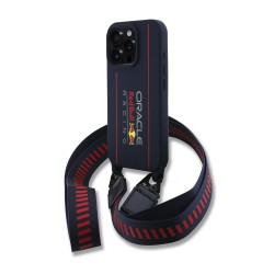 Apple iPhone 16 Pro Max - Coque MagSafe en Silicone avec Logo Vertical Red Bull et Bandoulière Bleu Marine