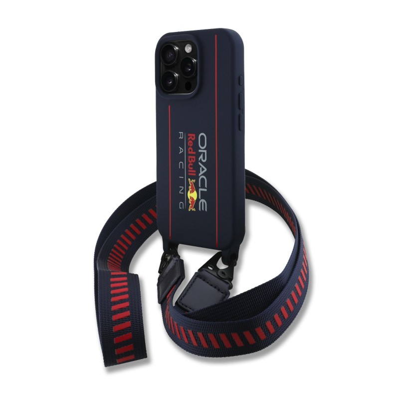 Apple iPhone 16 Pro Max - Coque MagSafe en Silicone avec Logo Vertical Red Bull et Bandoulière Bleu Marine Apple iPhone 16 Pro Max - Coque MagSafe en Silicone avec Logo Vertical Red Bull et Bandoulière Bleu Marine