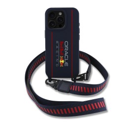 Apple iPhone 16 Pro Max - Coque MagSafe en Silicone avec Logo Vertical Red Bull et Bandoulière Bleu Marine