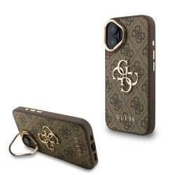 Apple IPHONE 16 - Coque Guess PU 4G avec logo en métal et cadre photo - Marron