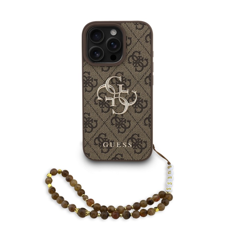 Guess Guess IPhone 16 Pro Max - Coque Avec Logo En Métal Avec Strap Perlé Amovible - Marron