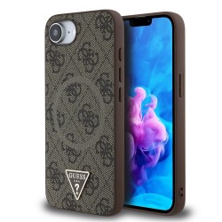 Guess IPhone 16e - Coque arrière Guess en PU 4G avec logo triangulaire en métal - Marron