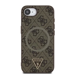 Guess IPhone 16e - Coque arrière Guess en PU 4G avec logo triangulaire en métal - Marron