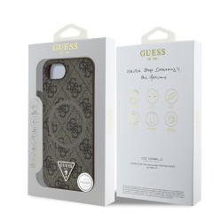 Guess IPhone 16e - Coque arrière Guess en PU 4G avec logo triangulaire en métal - Marron