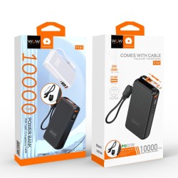 Wuw PowerBank Y141 - 10000 mAh (PD 22.5W) - Entrées USB-C - USB-A + Câble USB-C vers Lightning - Noir