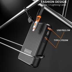 Wuw PowerBank Y141 - 10000 mAh (PD 22.5W) - Entrées USB-C - USB-A + Câble USB-C vers Lightning - Noir