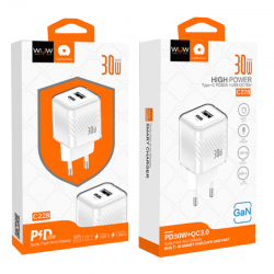 Wuw Chargeur Rapide USB-A / USB-C GaN PD 30W PD Blanc (Sous Blister) C228
