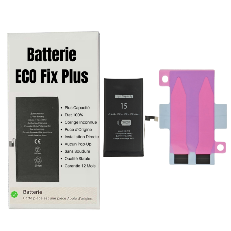 Apple Batterie iPhone 15 (ECO Fix Plus) 130% Plus Durable - Aucun Pop-up / État 100%