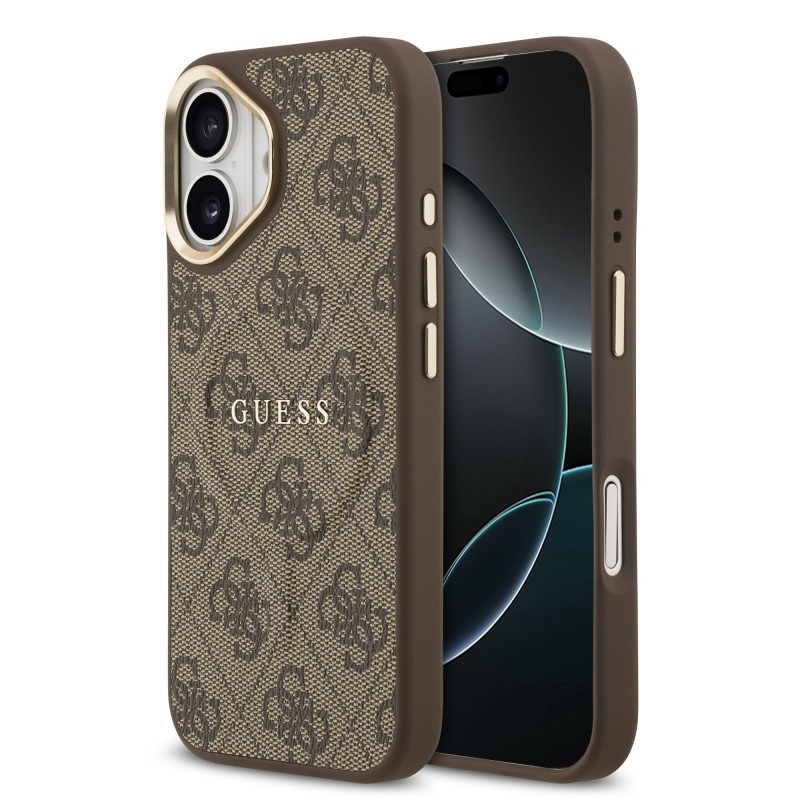 Apple Guess IPhone 17 - Coque Magsafe en cuir PU 4G avec Cadre Doré - Marron