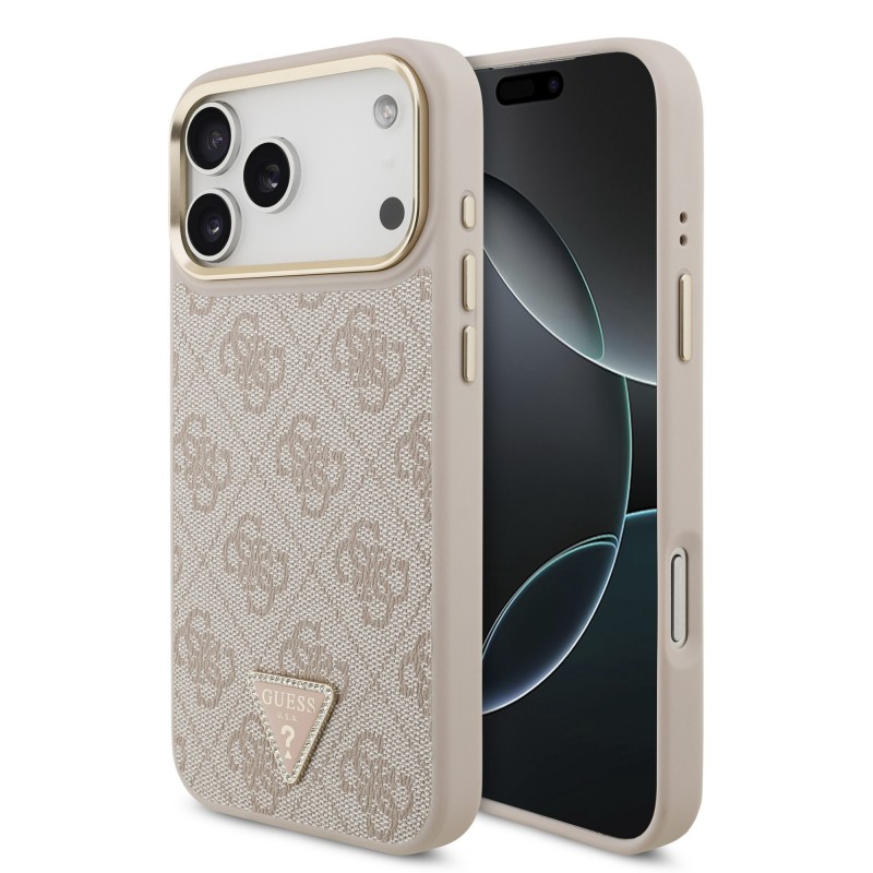 Apple Guess IPhone 17 Pro Max - Coque Magsafecuir PU 4G avec Logo Triangulaire et Cadre Doré - Rose