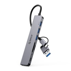 HUB Orico 3 ports USB-A 2.0 + 1 port USB-A 3.0 + 1 port USB-C 2.0 + 1 port audio 3,5 mm + 2 cartes TF et SD - Gris