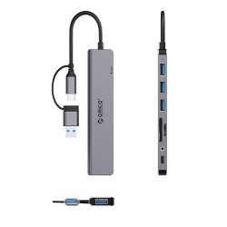 HUB Orico 3 ports USB-A 2.0 + 1 port USB-A 3.0 + 1 port USB-C 2.0 + 1 port audio 3,5 mm + 2 cartes TF et SD - Gris