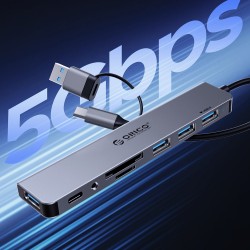 HUB Orico 3 ports USB-A 2.0 + 1 port USB-A 3.0 + 1 port USB-C 2.0 + 1 port audio 3,5 mm + 2 cartes TF et SD - Gris