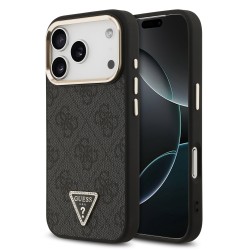 Apple Guess IPhone 17 Pro - Coque Magsafe en cuir PU 4G avec Logo Triangulaire Strass et Cadre Doré - Noir