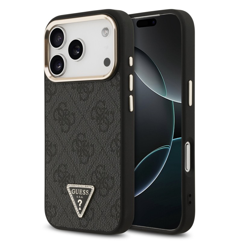 Apple Guess IPhone 17 Pro - Coque Magsafe en cuir PU 4G avec Logo Triangulaire Strass et Cadre Doré - Noir