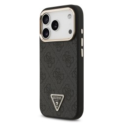 Apple Guess IPhone 17 Pro - Coque Magsafe en cuir PU 4G avec Logo Triangulaire Strass et Cadre Doré - Noir