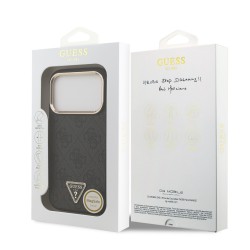 Apple Guess IPhone 17 Pro - Coque Magsafe en cuir PU 4G avec Logo Triangulaire Strass et Cadre Doré - Noir