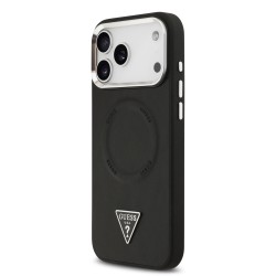 Apple Guess IPhone 17 Pro - Coque Magsafe en cuir PU 4G avec Logo Triangulaire Strass et Cadre Argent - Noir
