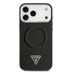 Apple Guess IPhone 17 Pro - Coque Magsafe en cuir PU 4G avec Logo Triangulaire Strass et Cadre Argent - Noir